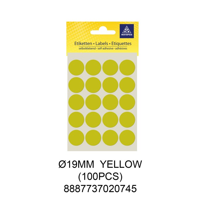 MAYSPIES MS019 COLOUR DOT LABEL / 5 SHEETS/PKT / 100PCS / ROUND 19MM YELLOW